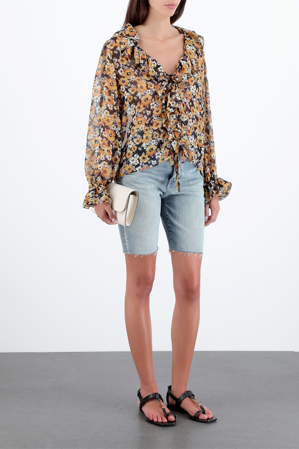 Frilled Tie Blouse in Floral Silk Georgette image number null SAINT LAURENT